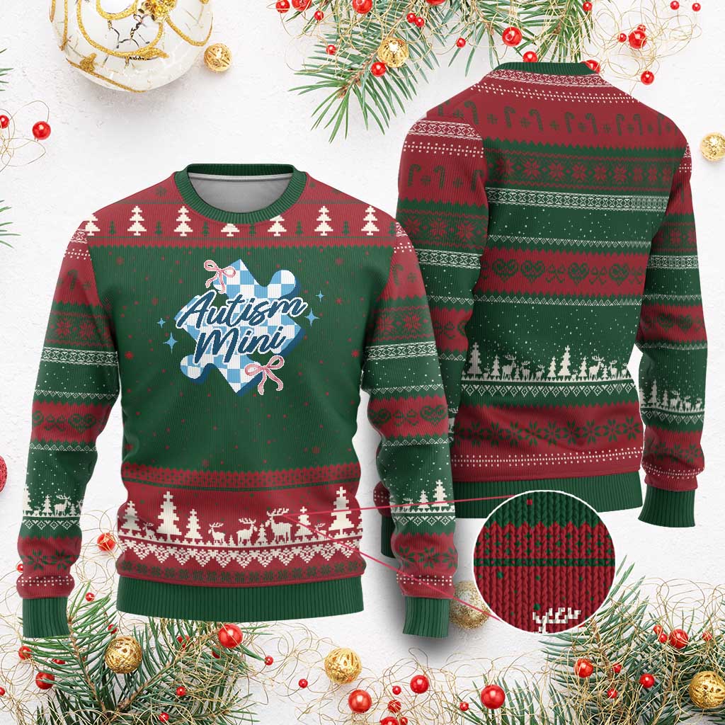 Autism Mini Coquette Puzzle Piece Pink Bow Ugly Christmas Sweater