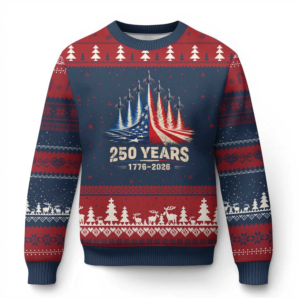 250 Years American 1776 2026 Ugly Christmas Sweater USA 250th Anniversary 4th of July US Flag Jets