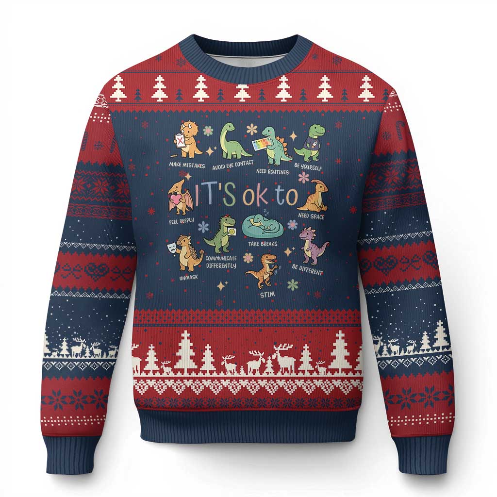 Dinosaur Autism Awareness Ugly Christmas Sweater It Is Okay to Be Different Dino Lover