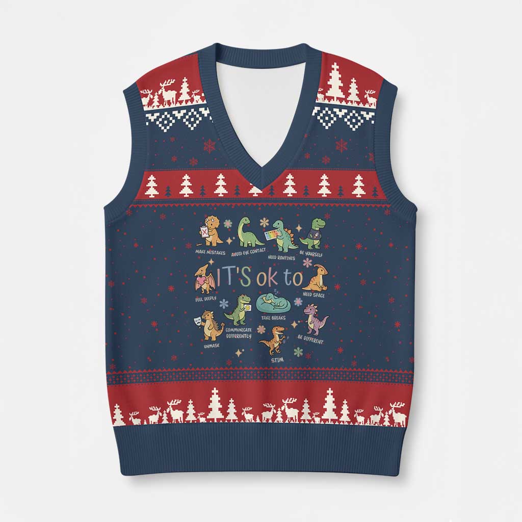Dinosaur Autism Awareness V-Neck Knit Sweater Vest It Is Okay to Be Different Dino Lover