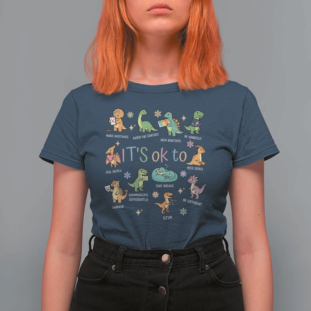 Dinosaur Autism Awareness T Shirt For Women It Is Okay to Be Different Dino Lover