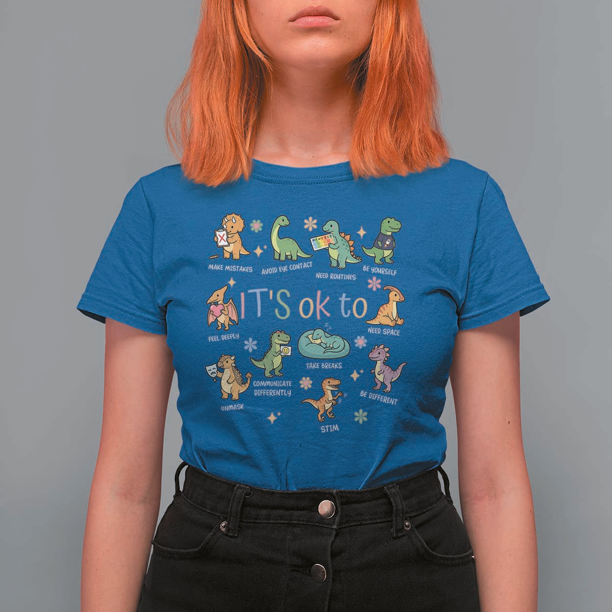 Dinosaur Autism Awareness T Shirt For Women It Is Okay to Be Different Dino Lover
