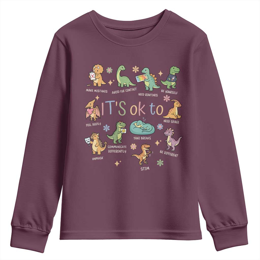 Dinosaur Autism Awareness Youth Sweatshirt It Is Okay to Be Different Dino Lover
