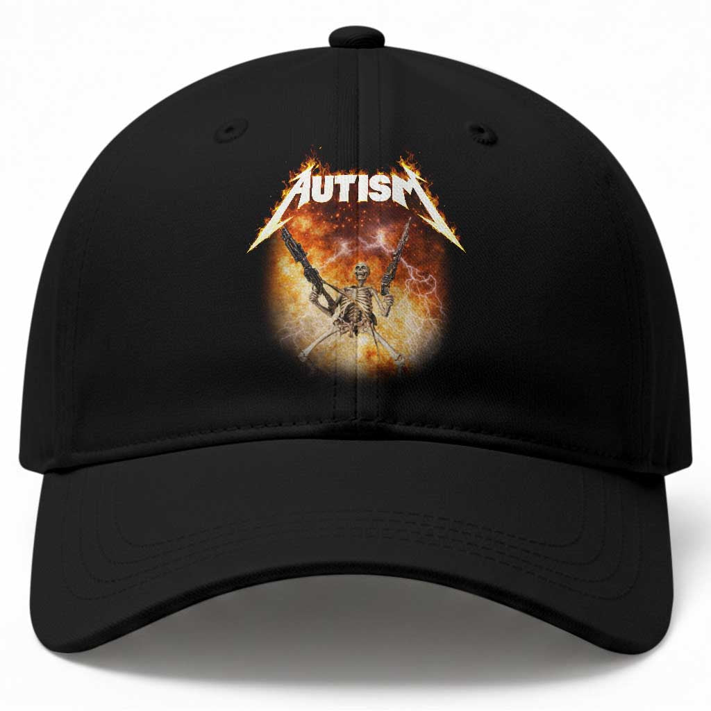 Autism Skeleton Funny Meme Baseball Cap Fire Burning Flames