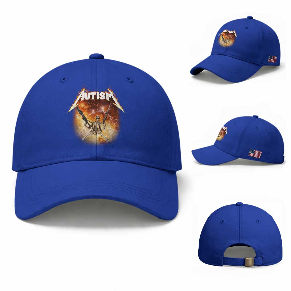 Autism Skeleton Funny Meme Baseball Cap Fire Burning Flames