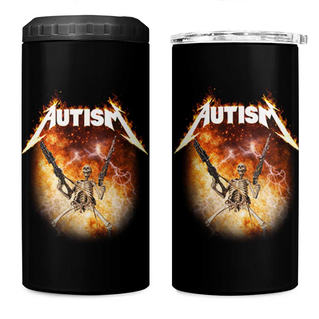 Autism Skeleton Funny Meme 4 in 1 Can Cooler Tumbler Fire Burning Flames