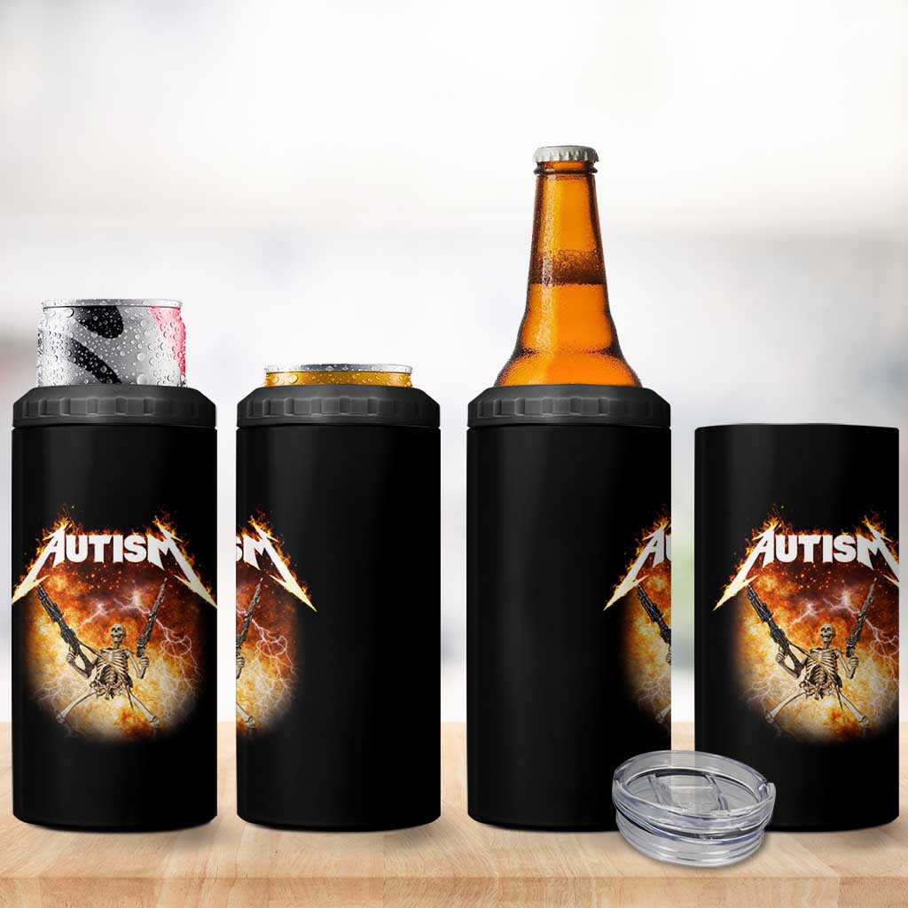 Autism Skeleton Funny Meme 4 in 1 Can Cooler Tumbler Fire Burning Flames
