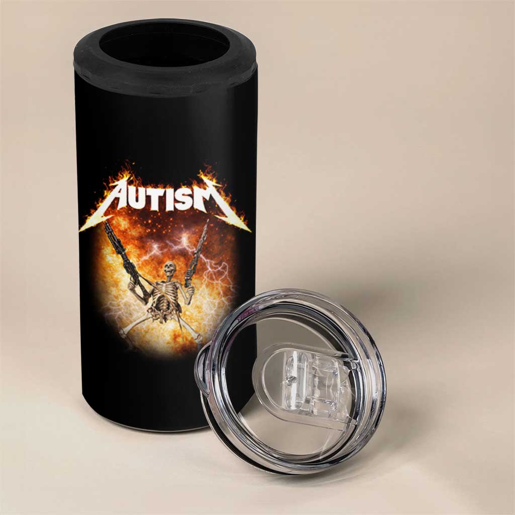 Autism Skeleton Funny Meme 4 in 1 Can Cooler Tumbler Fire Burning Flames