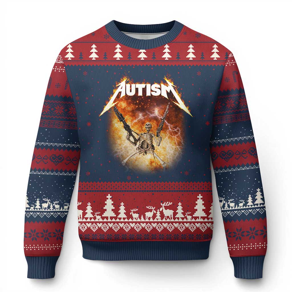 Autism Skeleton Funny Meme Ugly Christmas Sweater Fire Burning Flames