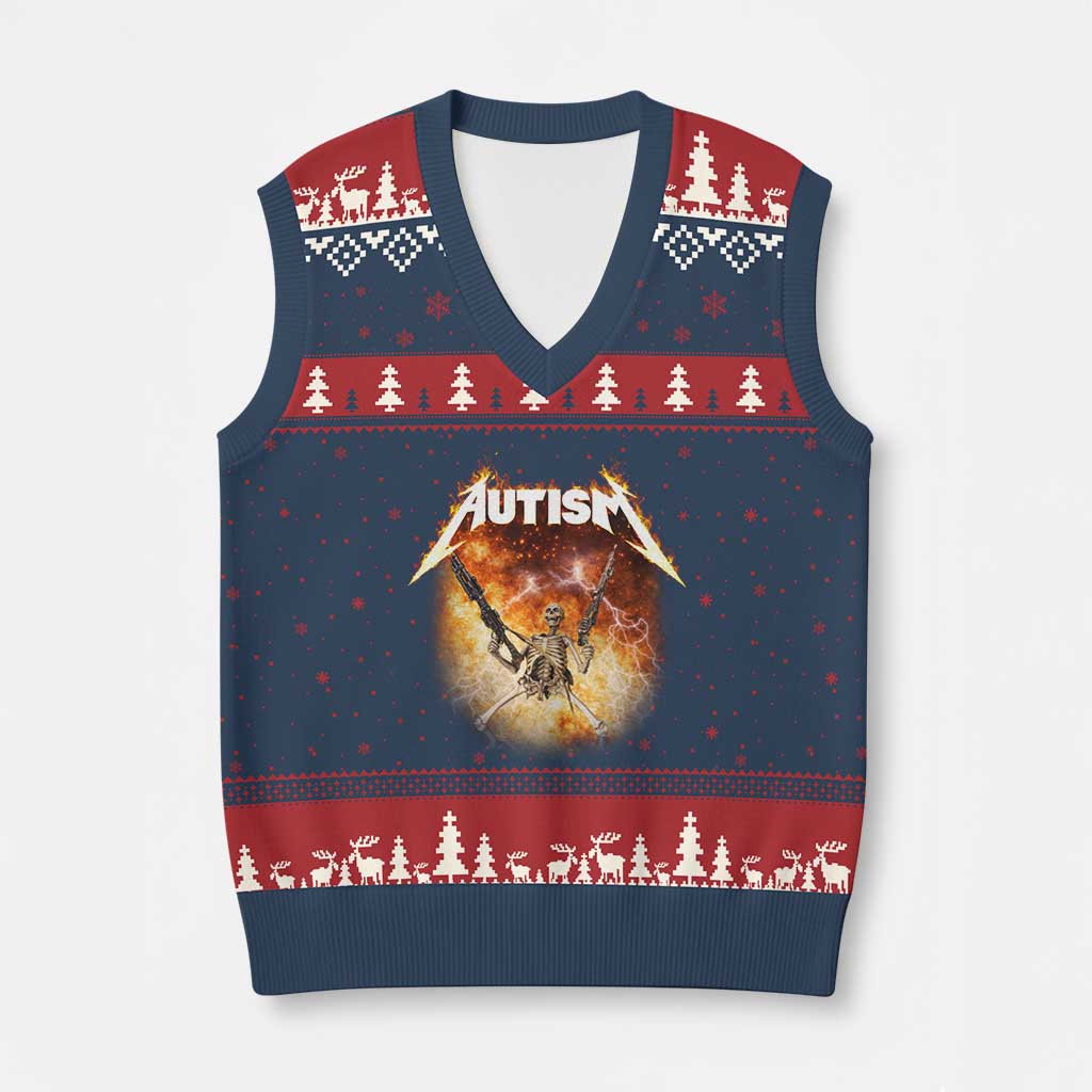 Autism Skeleton Funny Meme V-Neck Knit Sweater Vest Fire Burning Flames