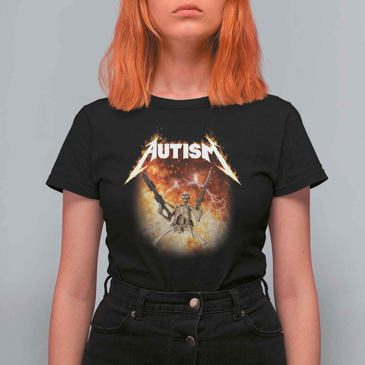 Autism Skeleton Funny Meme T Shirt For Women Fire Burning Flames
