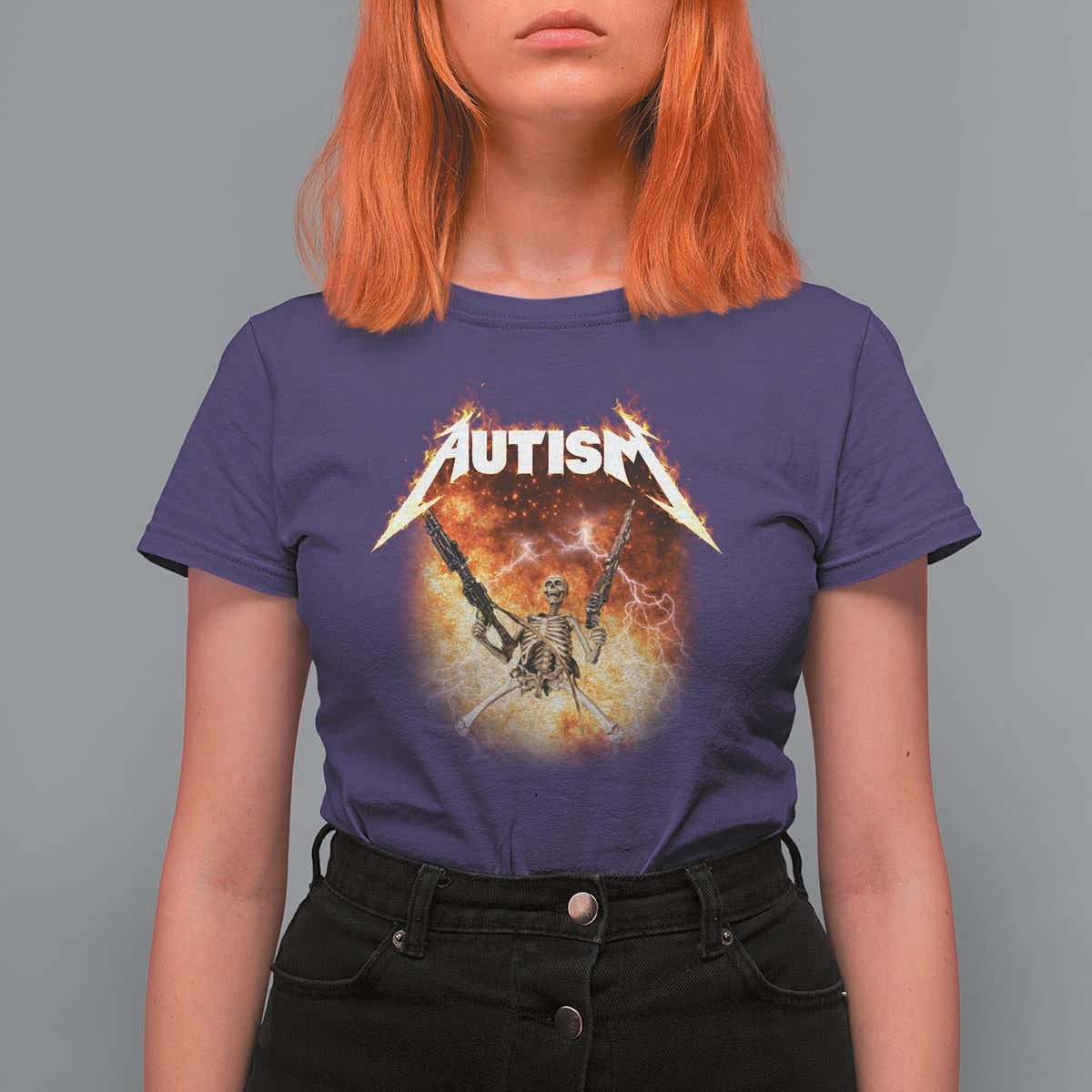 Autism Skeleton Funny Meme T Shirt For Women Fire Burning Flames
