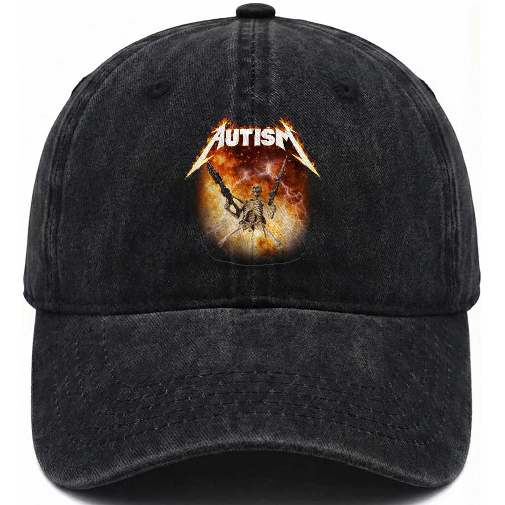 Autism Skeleton Funny Meme Washed Cotton Baseball Cap Fire Burning Flames