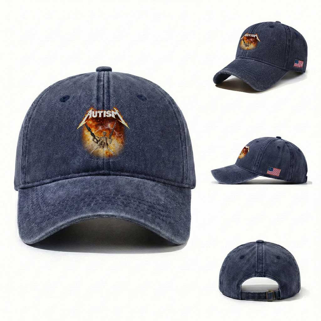 Autism Skeleton Funny Meme Washed Cotton Baseball Cap Fire Burning Flames