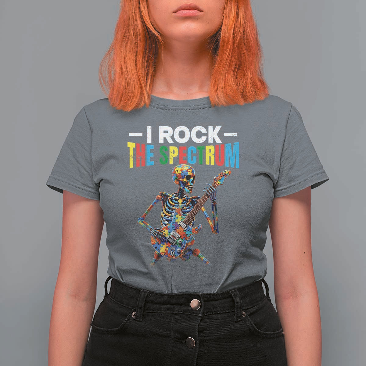 Autism Skeleton Rocker T Shirt For Women I Rock The Spectrum Autism Awareness