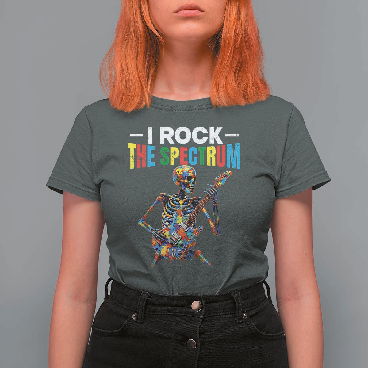 Autism Skeleton Rocker T Shirt For Women I Rock The Spectrum Autism Awareness