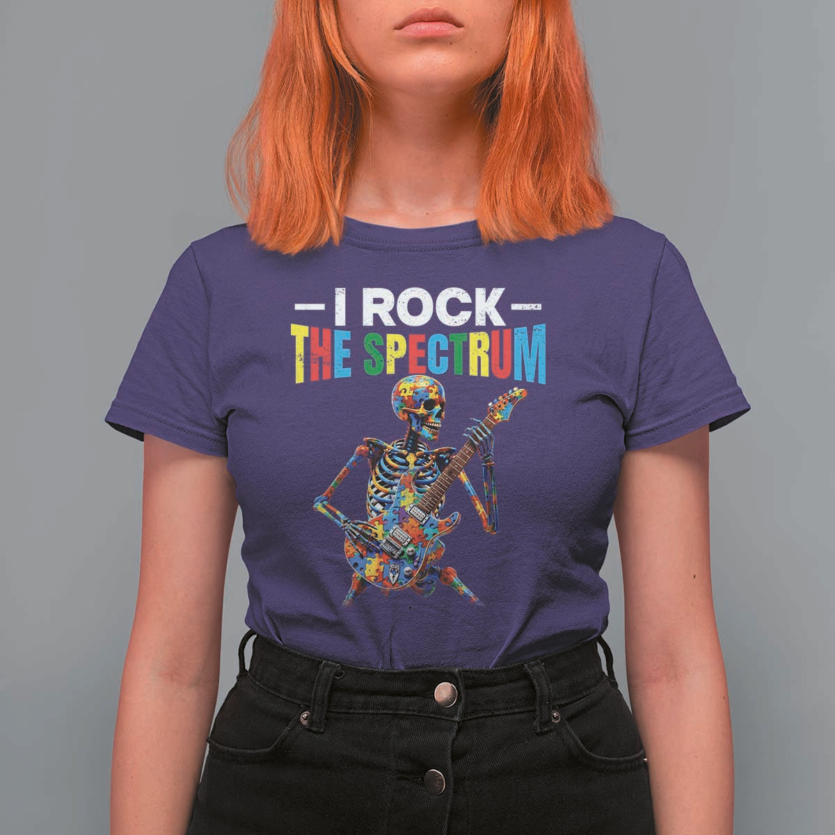Autism Skeleton Rocker T Shirt For Women I Rock The Spectrum Autism Awareness