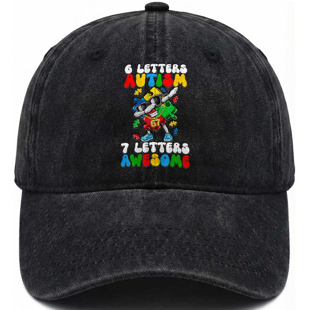 Funny 67 Autism Awareness Washed Cotton Baseball Cap 6 Letters Autism 7 Letters Awesome Dabbing Puzzle