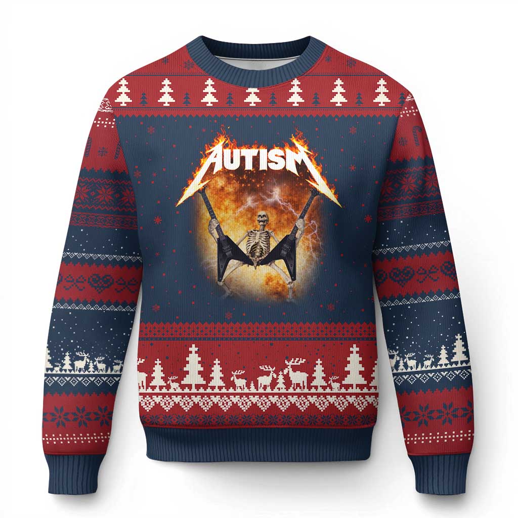 Autism Skeleton Rocker Ugly Christmas Sweater Hardcore Rock Style Artwork