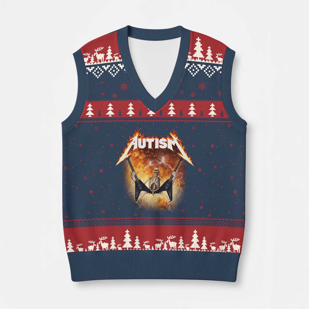 Autism Skeleton Rocker V-Neck Knit Sweater Vest Hardcore Rock Style Artwork