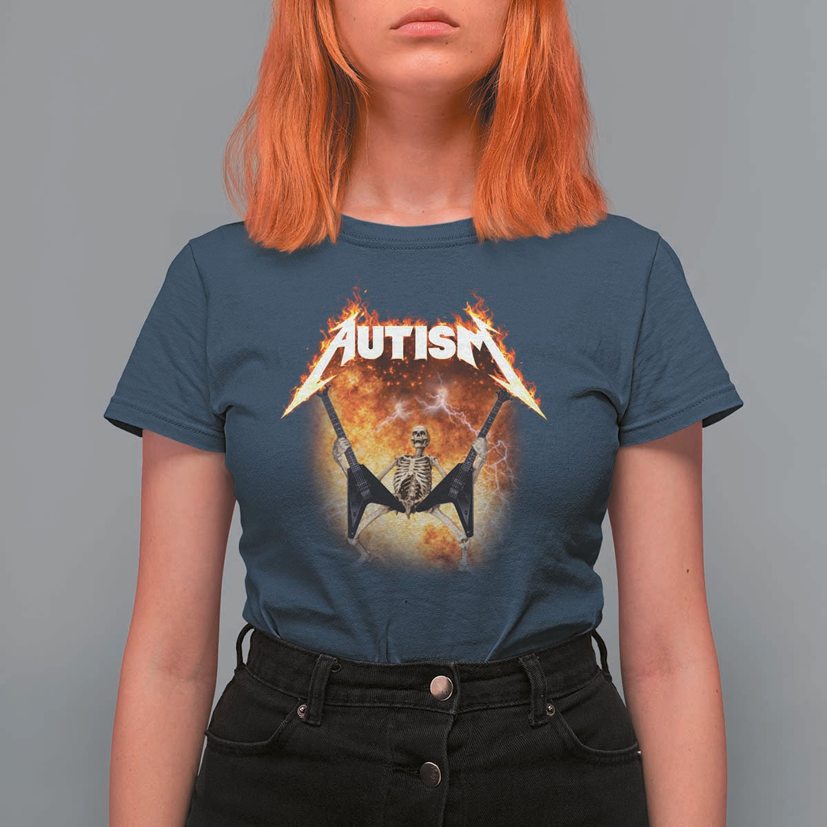 Autism Skeleton Rocker T Shirt For Women Hardcore Rock Style Artwork