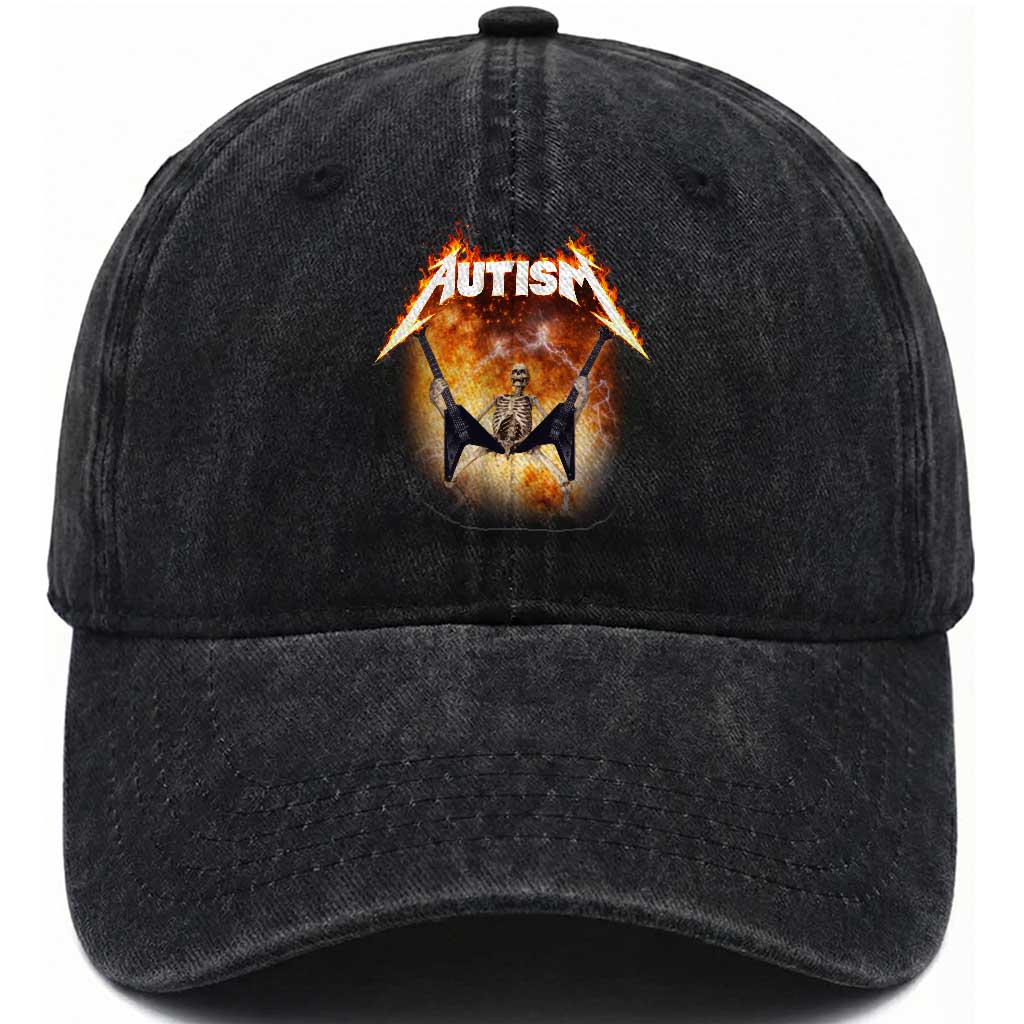 Autism Skeleton Rocker Washed Cotton Baseball Cap Hardcore Rock Style Artwork