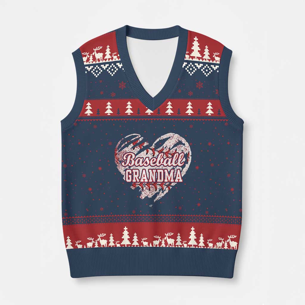 Baseball Grandma V-Neck Knit Sweater Vest Vintage Baseball Heart Game Day