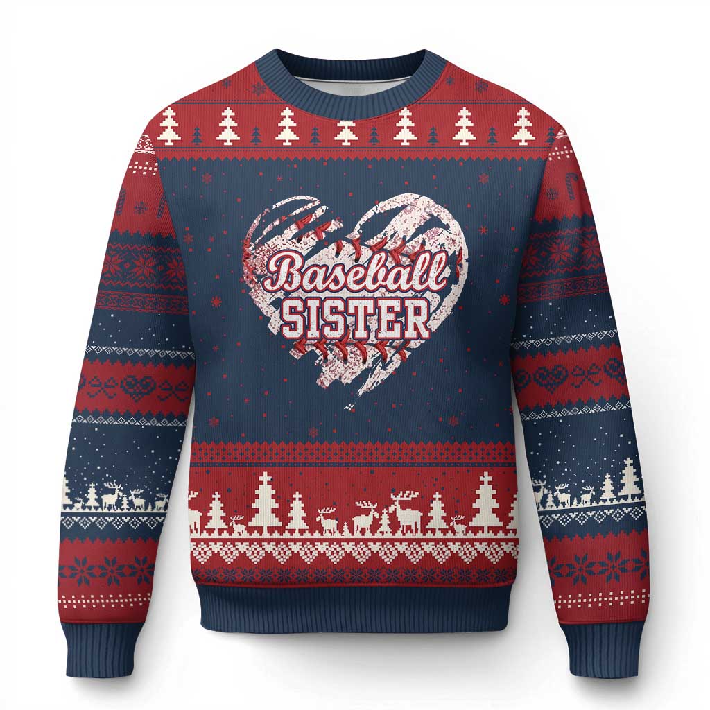 Baseball Sister Ugly Christmas Sweater Vintage Baseball Heart Game Day