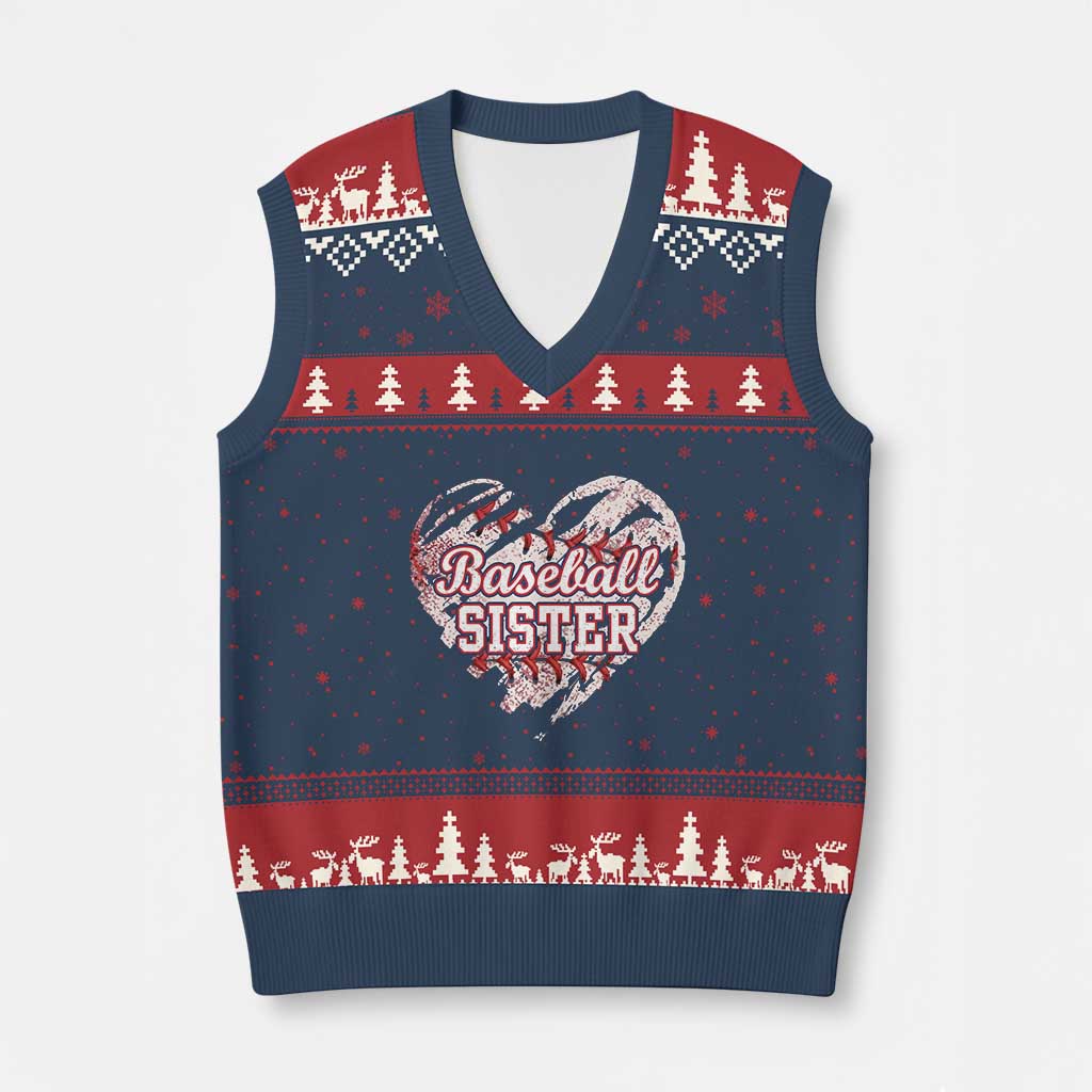 Baseball Sister V-Neck Knit Sweater Vest Vintage Baseball Heart Game Day
