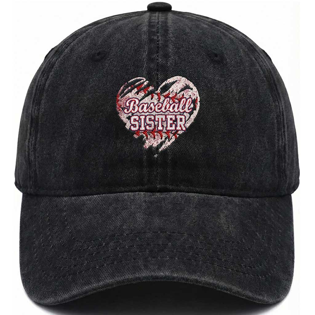 Baseball Sister Washed Cotton Baseball Cap Vintage Baseball Heart Game Day