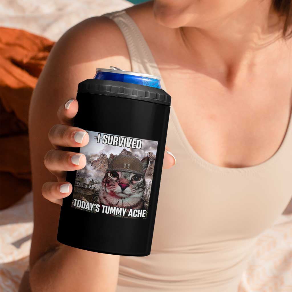Funny I Survived Todays Tummy Ache 4 in 1 Can Cooler Tumbler War Cat Meme - Wonder Print Shop