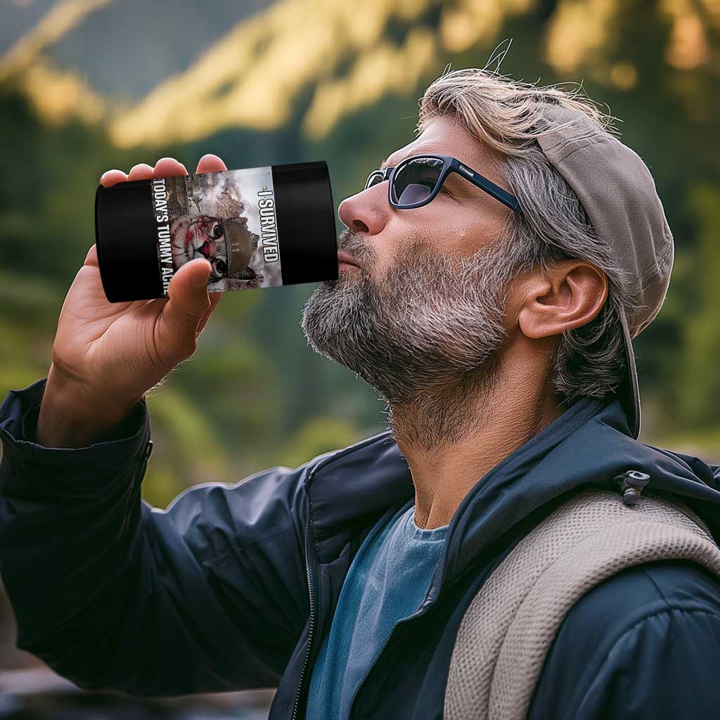 Funny I Survived Todays Tummy Ache 4 in 1 Can Cooler Tumbler War Cat Meme - Wonder Print Shop