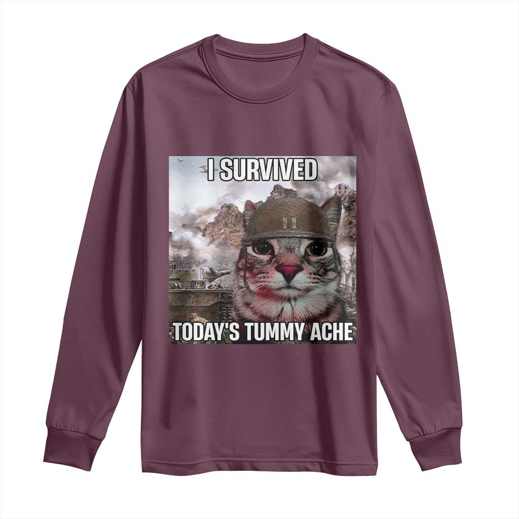 Funny I Survived Todays Tummy Ache Long Sleeve Shirt War Cat Meme - Wonder Print Shop