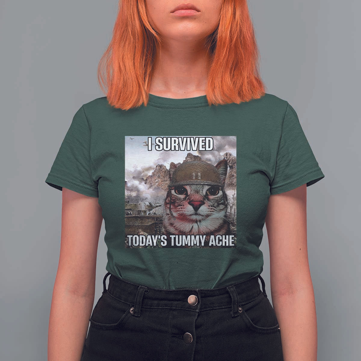 Funny I Survived Todays Tummy Ache T Shirt For Women War Cat Meme - Wonder Print Shop