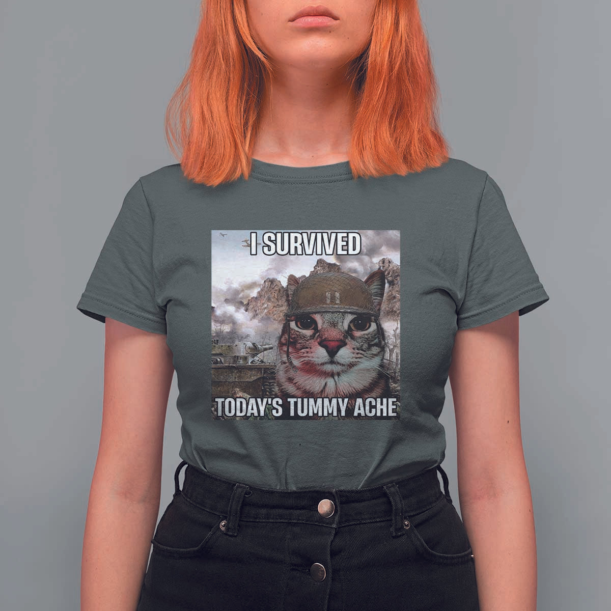 Funny I Survived Todays Tummy Ache T Shirt For Women War Cat Meme - Wonder Print Shop