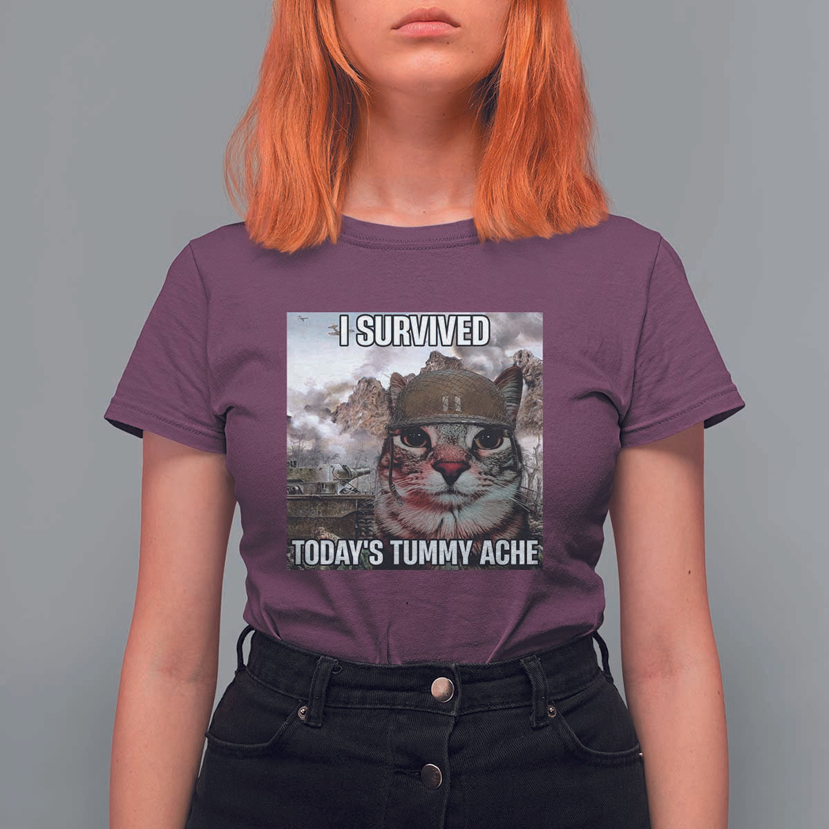 Funny I Survived Todays Tummy Ache T Shirt For Women War Cat Meme - Wonder Print Shop