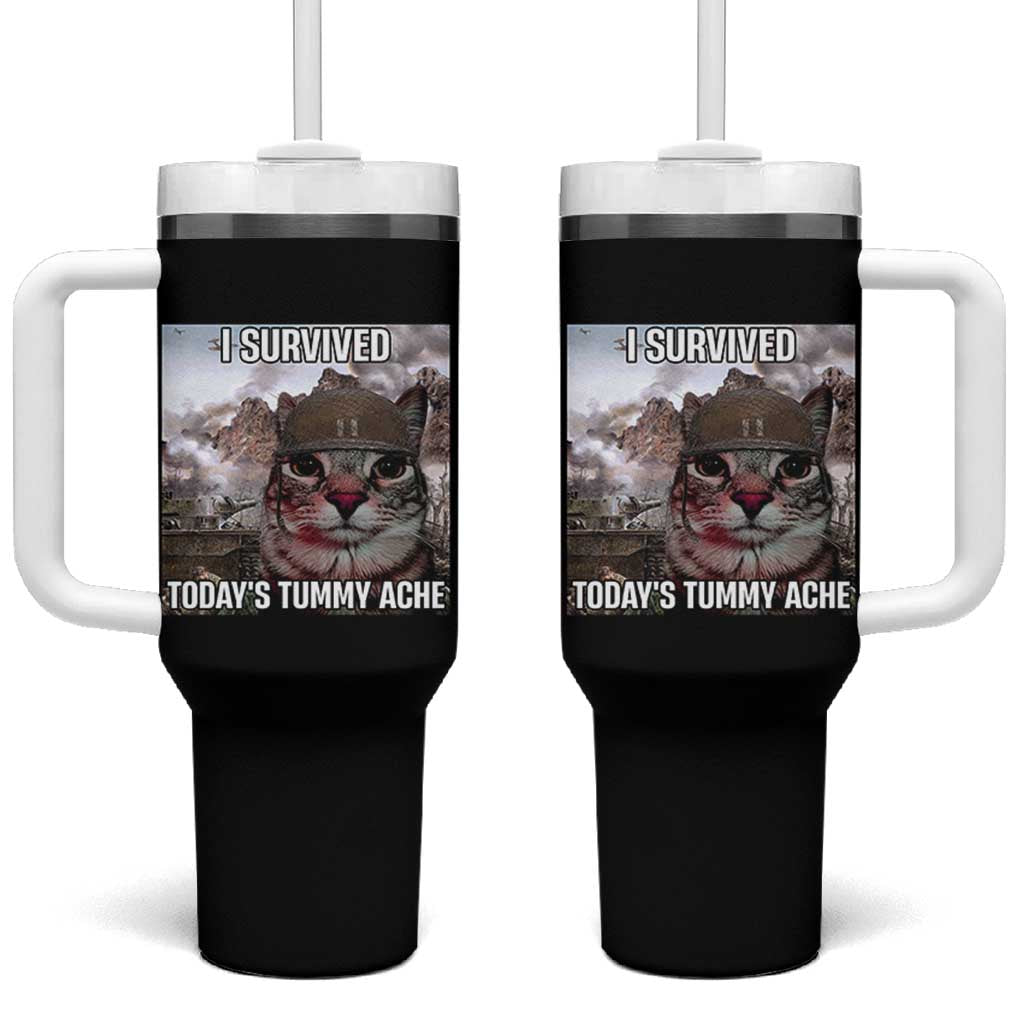 Funny I Survived Todays Tummy Ache Tumbler With Handle War Cat Meme - Wonder Print Shop