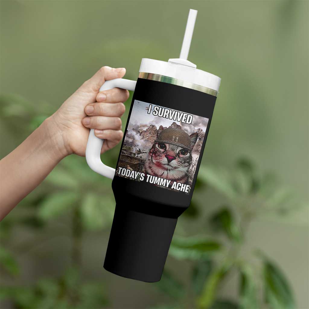 Funny I Survived Todays Tummy Ache Tumbler With Handle War Cat Meme - Wonder Print Shop