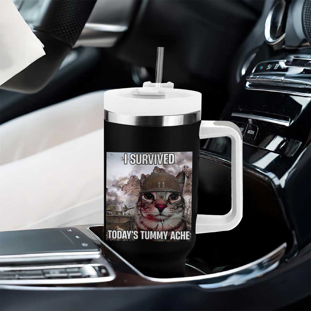 Funny I Survived Todays Tummy Ache Tumbler With Handle War Cat Meme - Wonder Print Shop