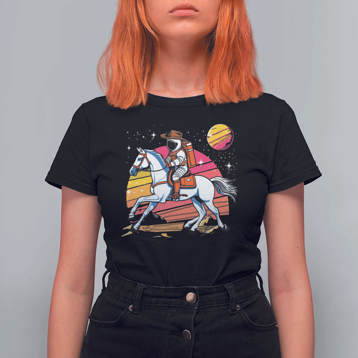 Astronaut Cowboy T Shirt For Women Spaceman Planets Space Galaxy Western Style - Wonder Print Shop