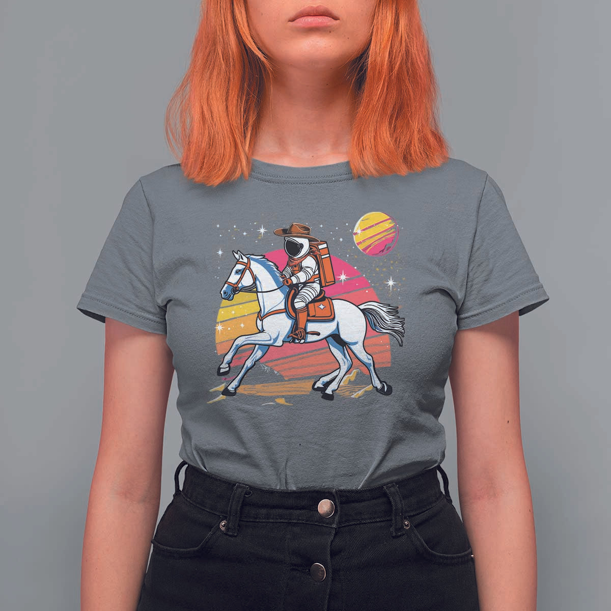 Astronaut Cowboy T Shirt For Women Spaceman Planets Space Galaxy Western Style - Wonder Print Shop