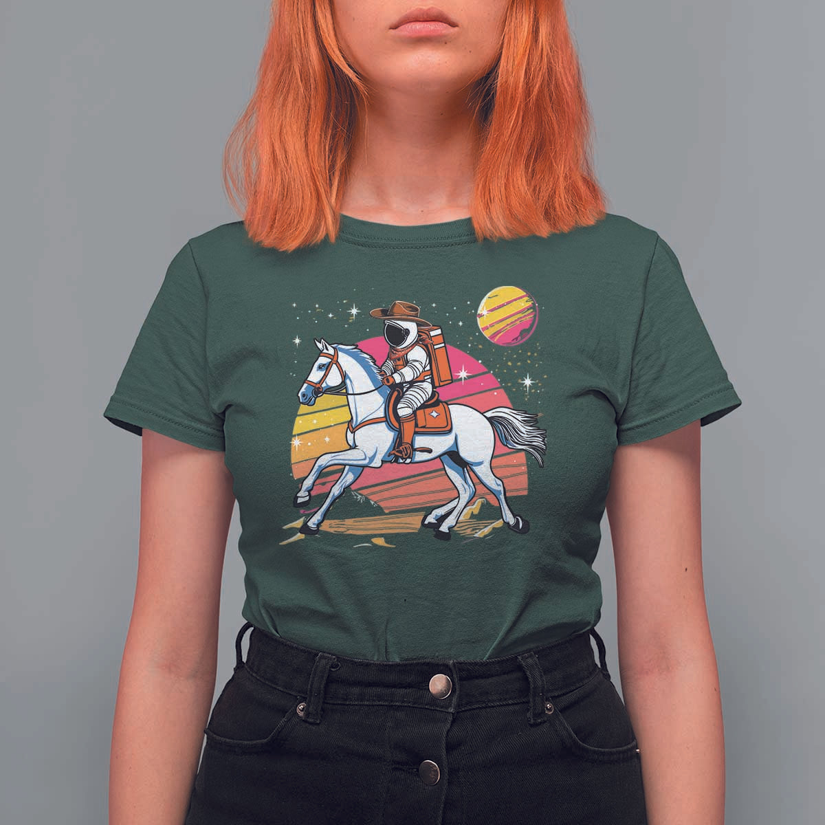 Astronaut Cowboy T Shirt For Women Spaceman Planets Space Galaxy Western Style - Wonder Print Shop