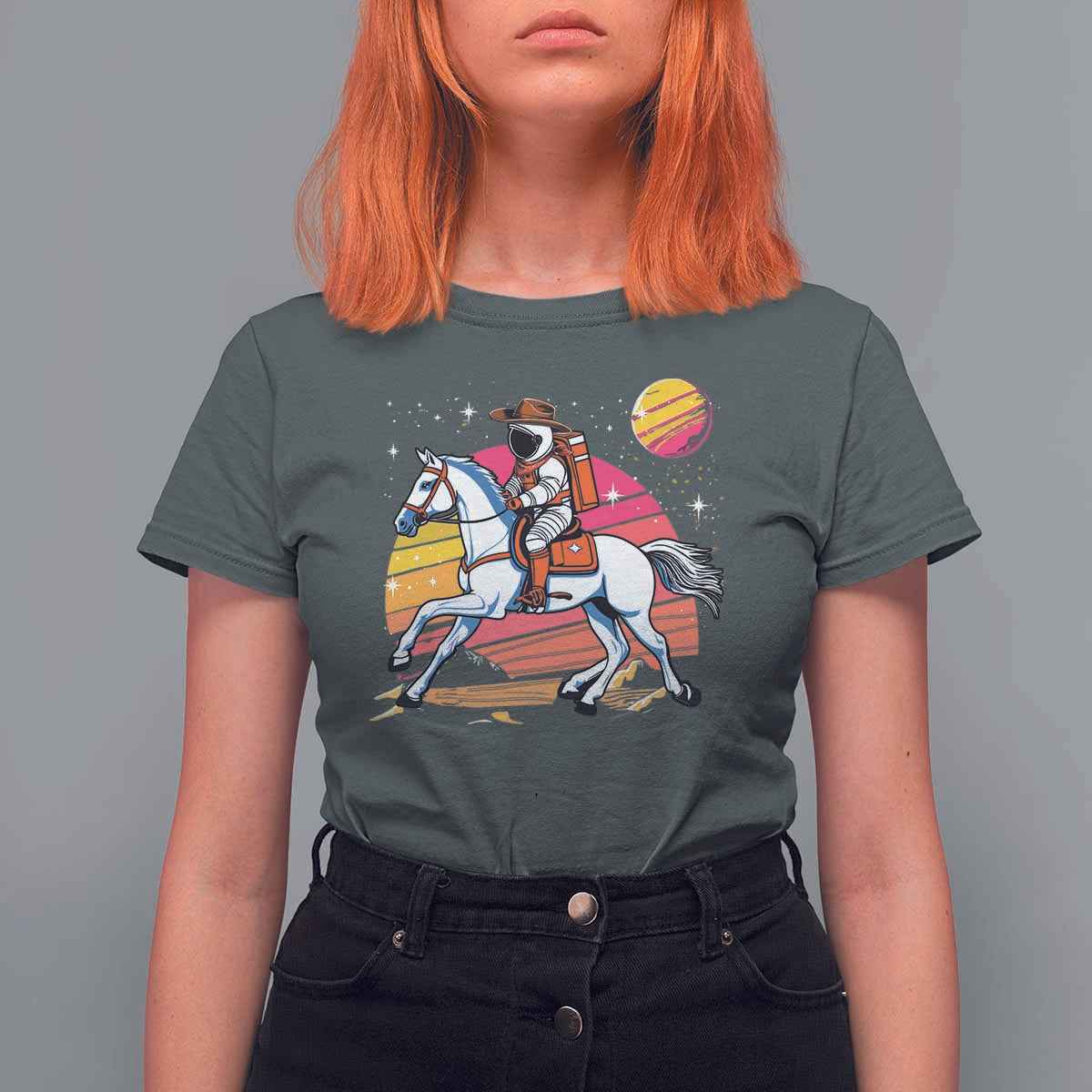 Astronaut Cowboy T Shirt For Women Spaceman Planets Space Galaxy Western Style - Wonder Print Shop