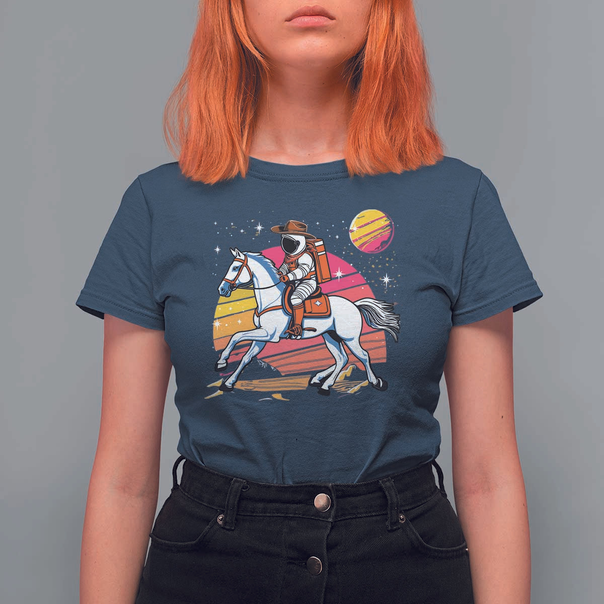 Astronaut Cowboy T Shirt For Women Spaceman Planets Space Galaxy Western Style - Wonder Print Shop