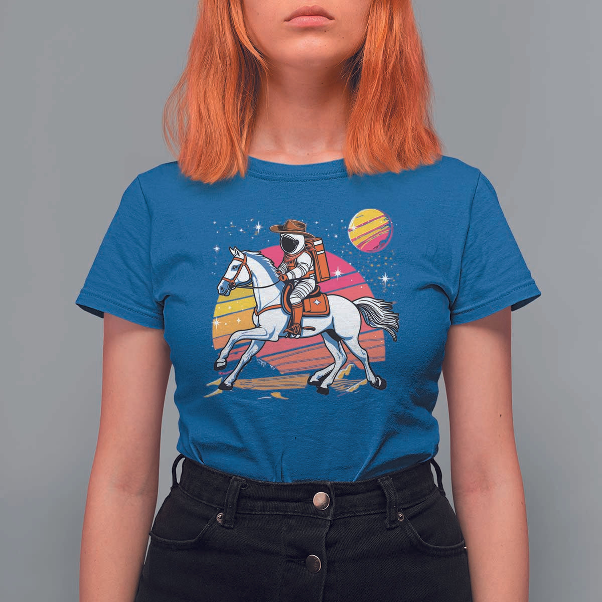 Astronaut Cowboy T Shirt For Women Spaceman Planets Space Galaxy Western Style - Wonder Print Shop