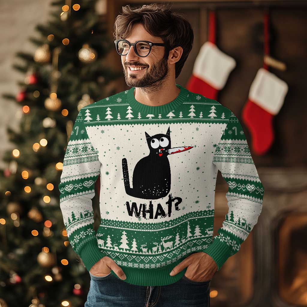 Funny Black Cat Ugly Christmas Sweater What Kitten Murderous - Wonder Print Shop