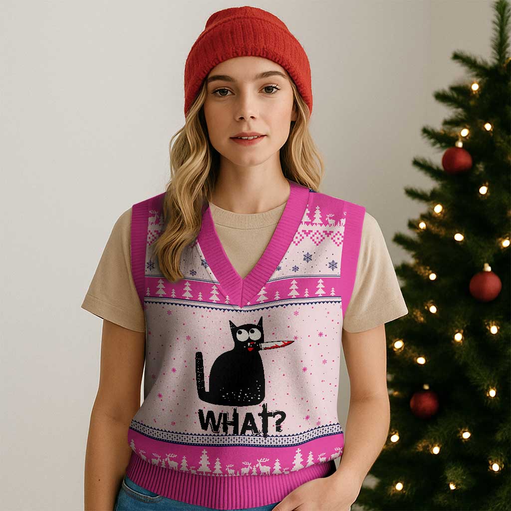 Funny Black Cat V-Neck Knit Sweater Vest What Kitten Murderous - Wonder Print Shop