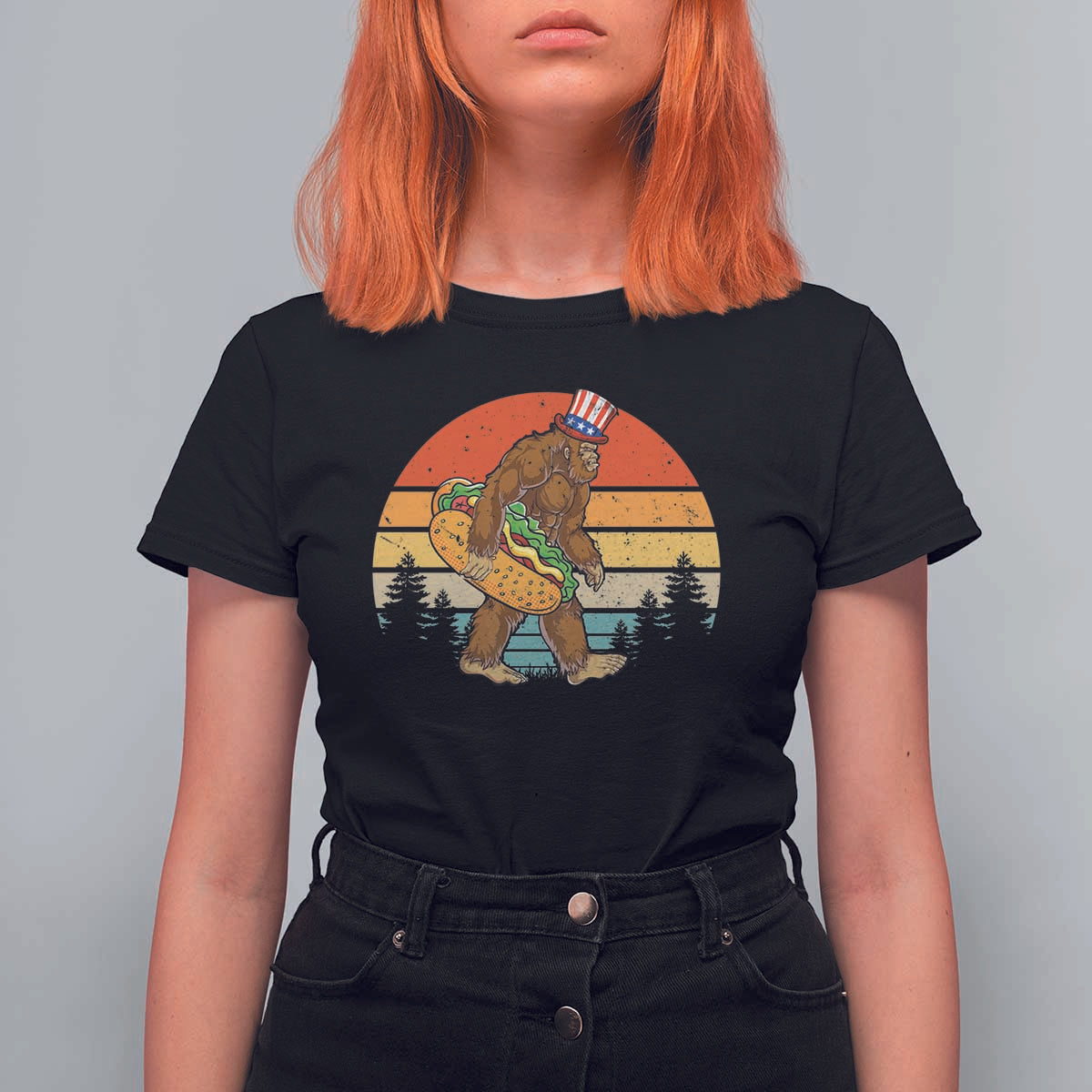 Funny Bigfoot T Shirt For Women Carrying Hot Dog 4th Of July - Wonder Print Shop