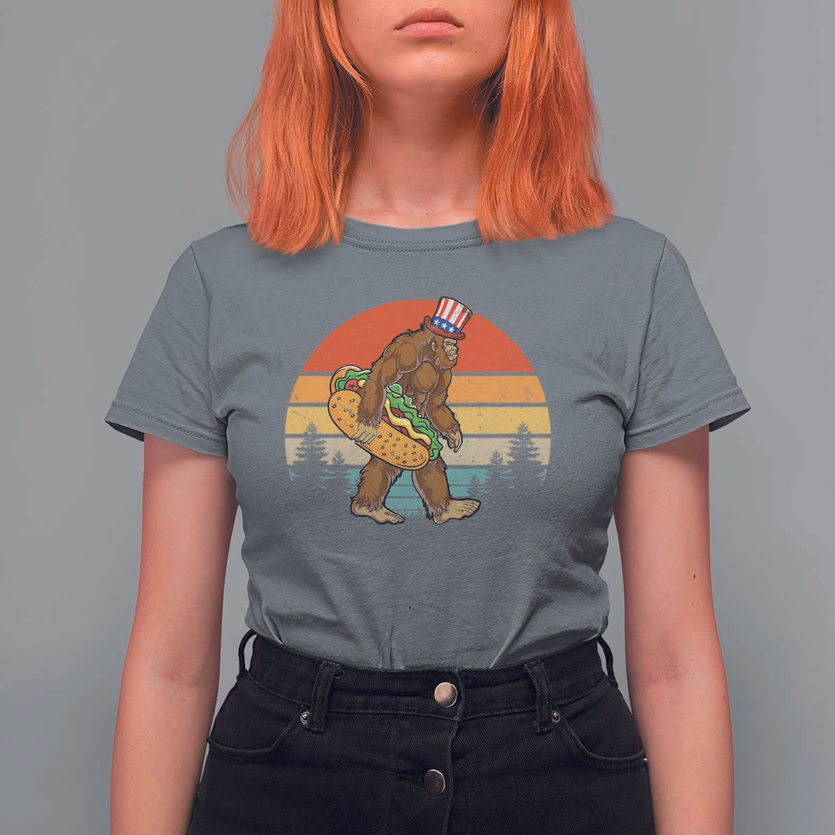 Funny Bigfoot T Shirt For Women Carrying Hot Dog 4th Of July - Wonder Print Shop