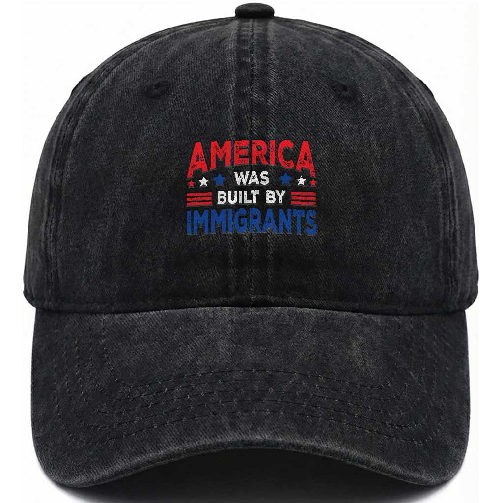 Funny America Was Built By Immigrants Washed Cotton Baseball Cap Stars Stripes